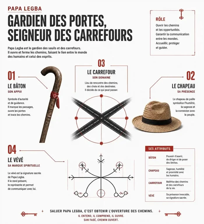 Infographie des symboles et attributs de Papa Legba dans le vaudou