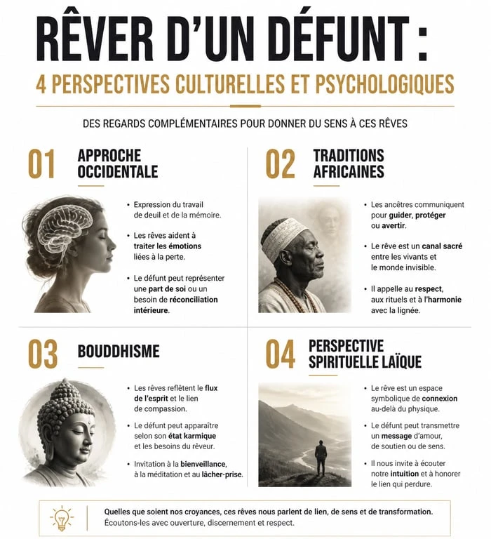 Infographie sur les différentes interprétations culturelles et psychologiques quand on rêve de défunts