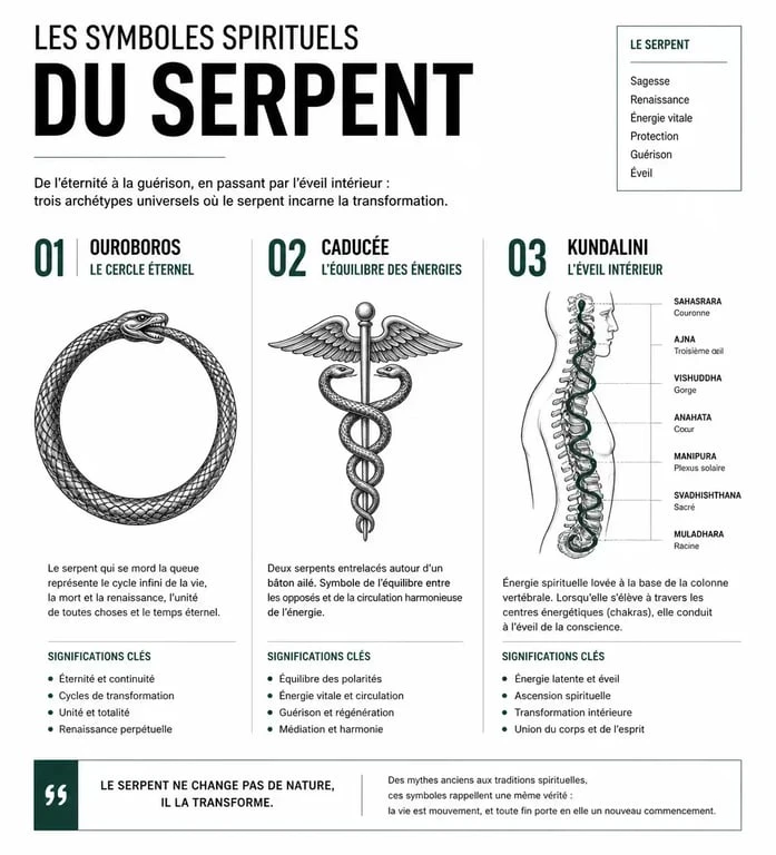 Infographie sur la signification spirituelle du serpent : Ouroboros, Kundalini et caducée