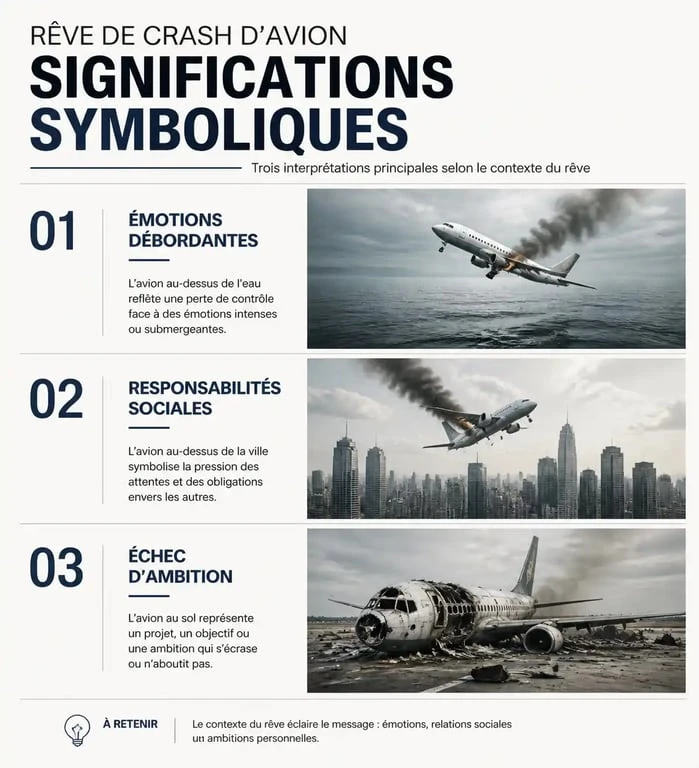 Infographie expliquant la symbolique du rêve de crash d'avion selon le contexte