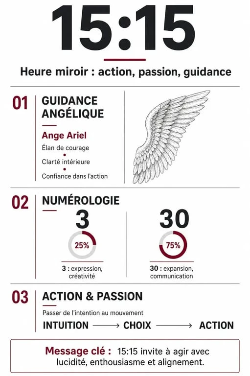 Infographie explicative de la signification spirituelle et numérologique de l'heure miroir 15:15