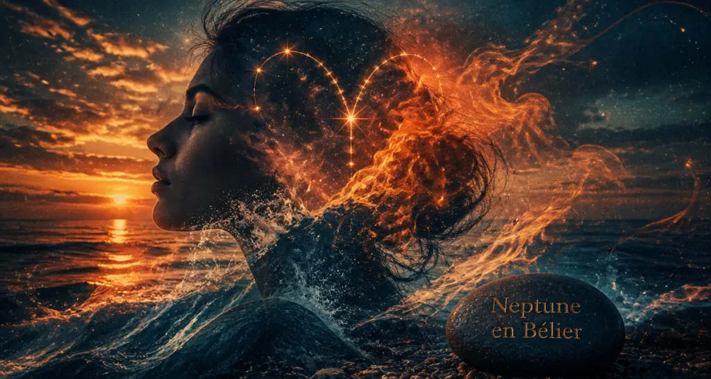 neptune en bélier 2025 femme méditant vagues flammes