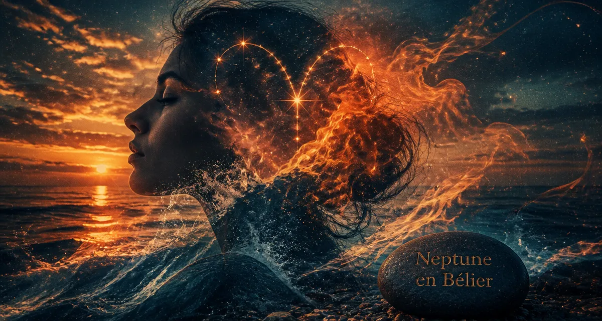 neptune en bélier 2025 femme méditant vagues flammes
