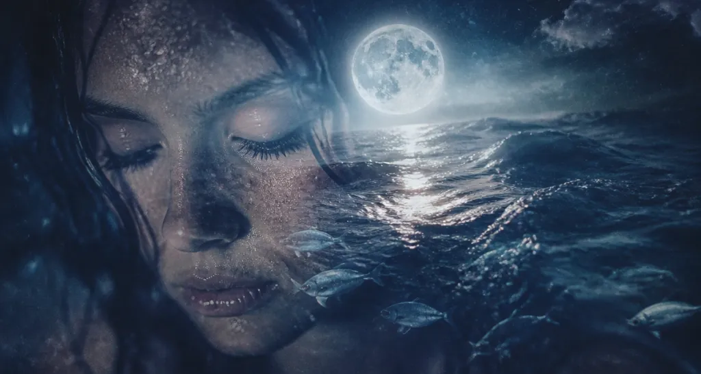 pleine lune en poisson visage femme mer
