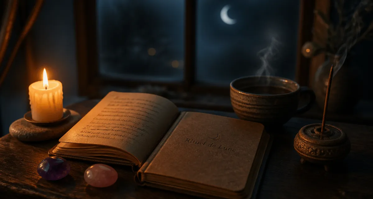 Rituel de lune avec bougie, améthyste et quartz rose