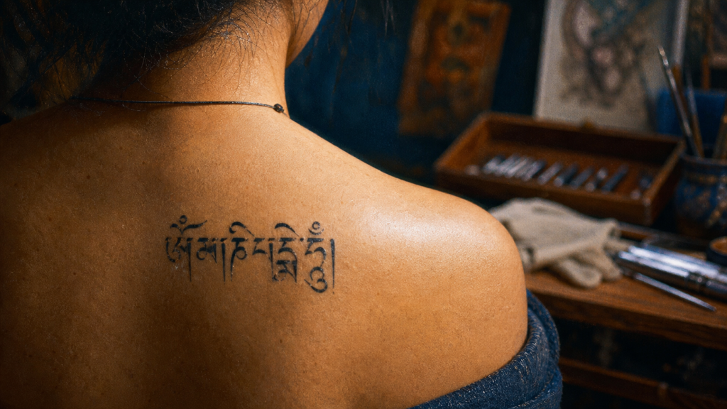 Tatouage om mani padme hum signification : inscription tibétaine sur le haut du dos