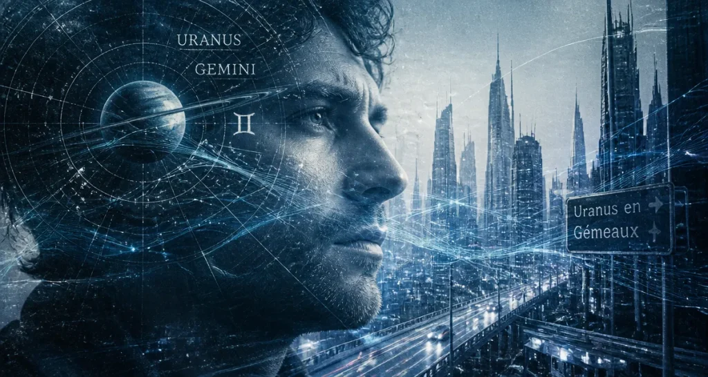 Uranus en Gémeaux 2025, visage pensif et carte du ciel futuriste