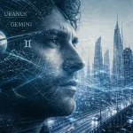 Uranus en Gémeaux 2025, visage pensif et carte du ciel futuriste