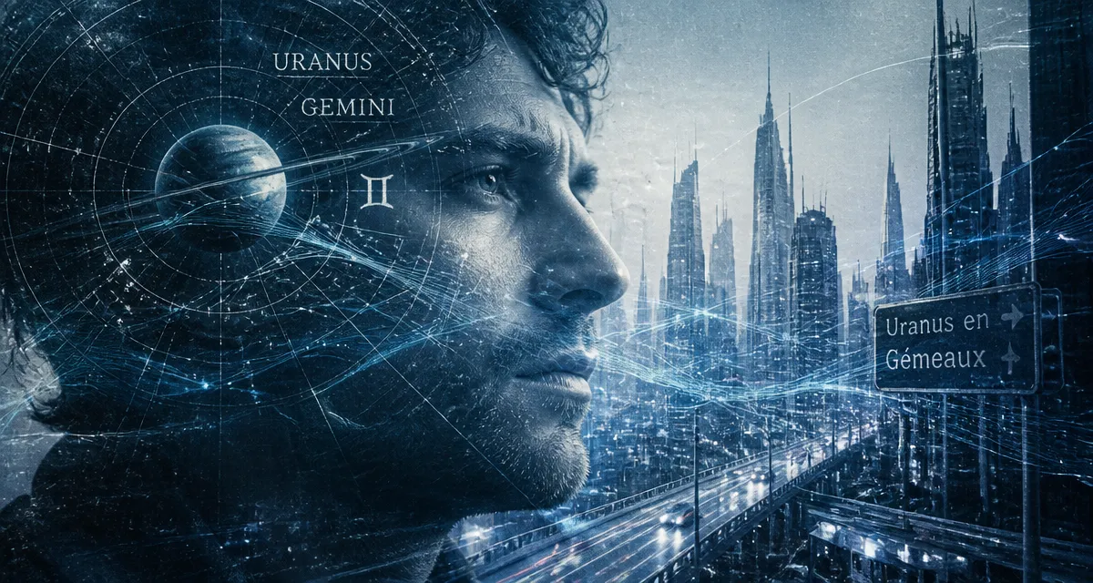 Uranus en Gémeaux 2025, visage pensif et carte du ciel futuriste