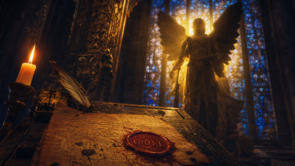 Uriel, archange lumineux et parchemin ancien à la bougie