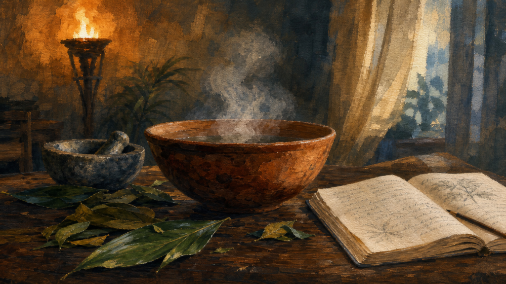 Ayahuasca, coupe fumante et herbes amazoniennes sur table en bois sombre