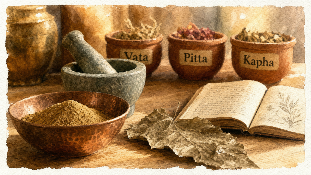 Bol ayurveda, poudres et étiquettes Vata Pitta Kapha