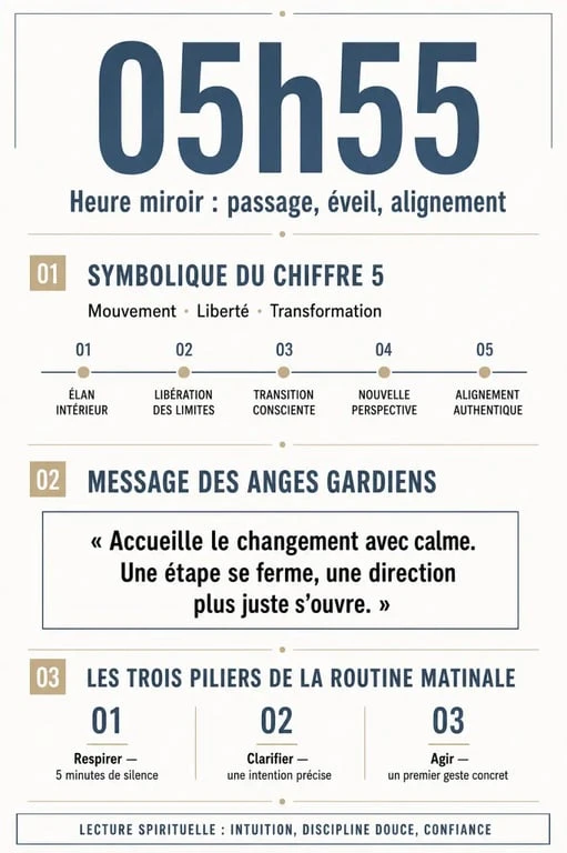 Infographie explicative de la signification spirituelle et numérologique de l'heure miroir 05h55