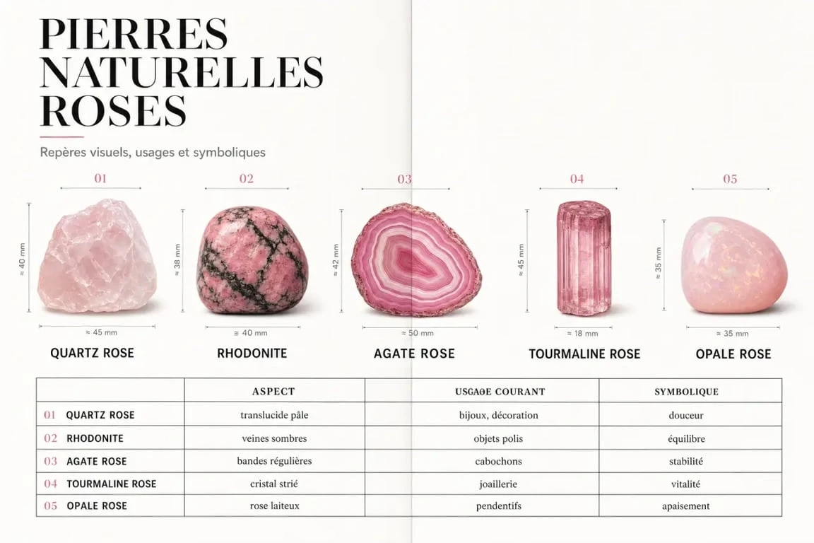 Pierre rose : comparaison visuelle des principales pierres roses avec leurs usages et symboliques