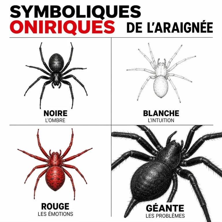 Infographie des significations symboliques de rêver d'araignée selon la couleur et la taille