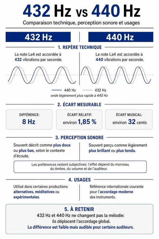Infographie comparative des bienfaits et différences entre la fréquence 432 Hz et 440 Hz