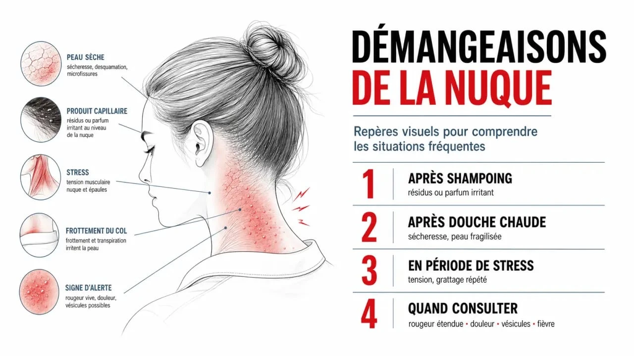 Nuque qui gratte signification : infographie des causes fréquentes et des signes d’alerte
