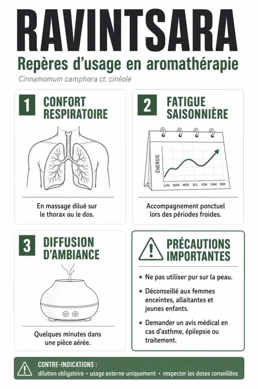 Infographie sur les bienfaits du ravintsara avec usages respiratoires, fatigue saisonnière et précautions d'emploi