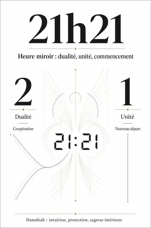 Infographie symbolique de l'heure miroir 21h21 et signification spirituelle