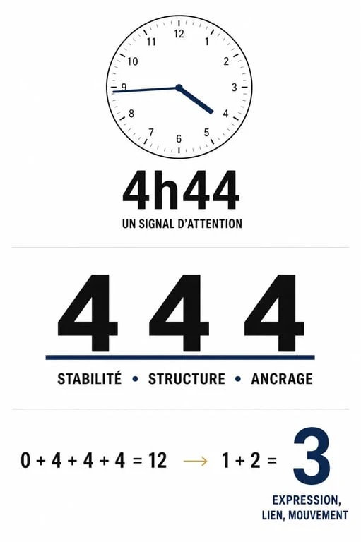 Illustration sur la 4h44 signification avec horloge, numérologie et symboles d’ancrage