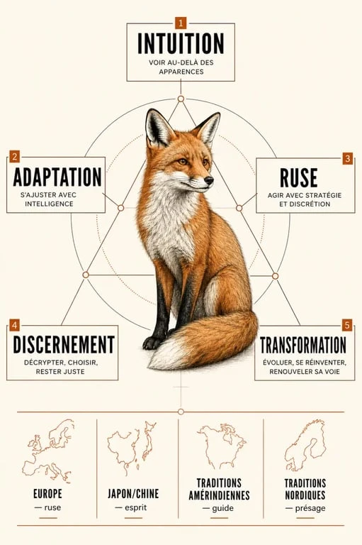 Renard symbole spirituel dans une composition éditoriale sur l’intuition, l’adaptation et les traditions culturelles