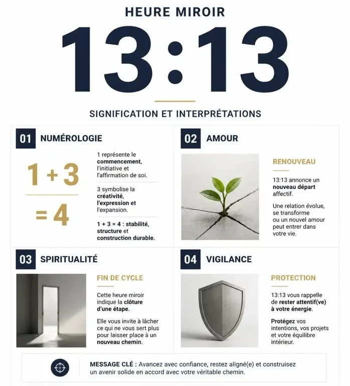 Infographie explicative de la signification de l'heure miroir 13h13 : numérologie, amour et spiritualité.
