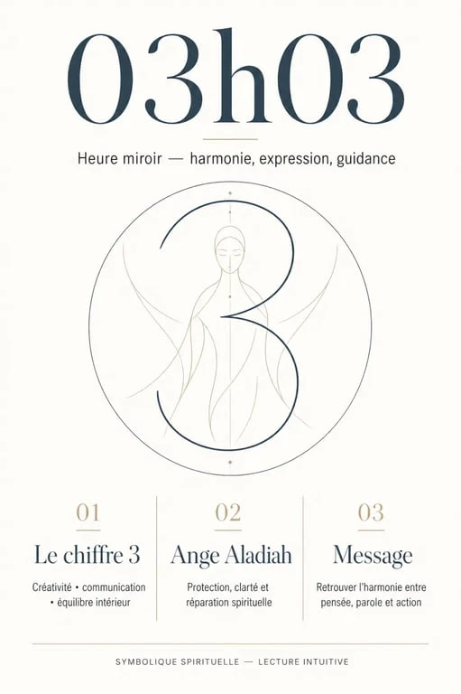 Infographie expliquant la signification spirituelle et numérologique de l'heure miroir 03h03