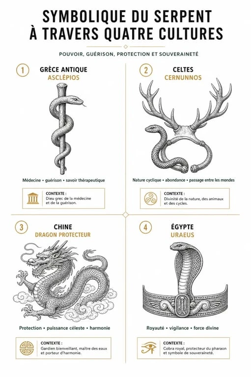 Infographie récapitulative de la signification du tatouage serpent selon les cultures : Grèce, Celtes, Chine et Égypte.