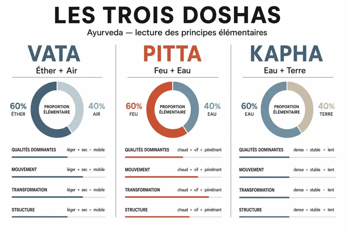 Infographie illustrant les trois doshas de l'Ayurveda : Vata, Pitta et Kapha et leurs éléments constitutifs.