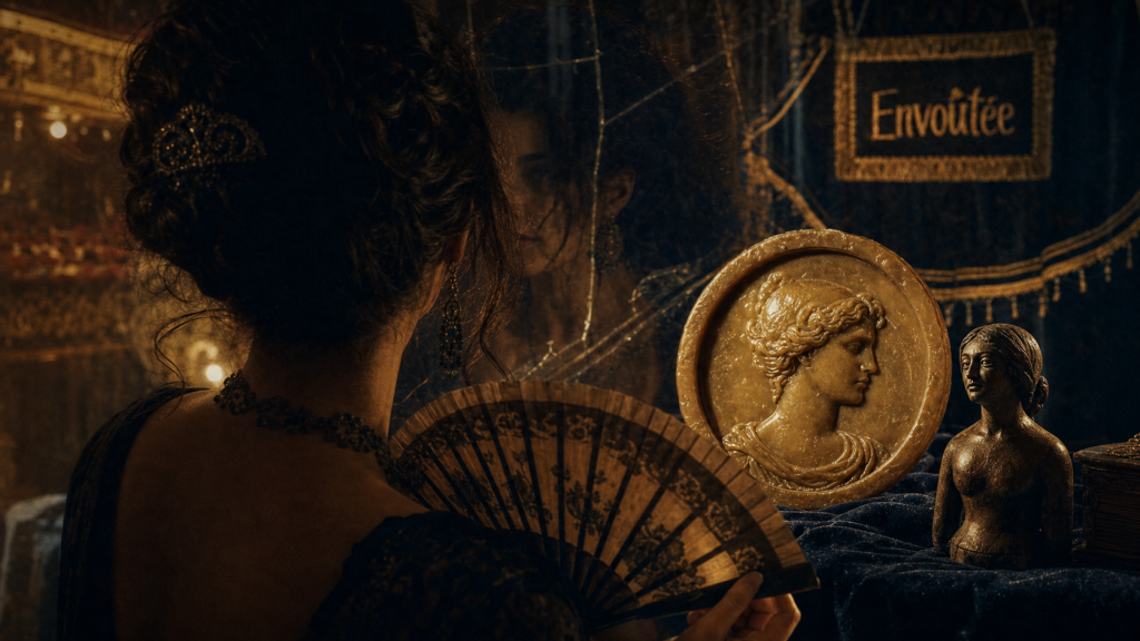Envoûtée définition : magie et fascination, femme dans un théâtre, miroir fendu