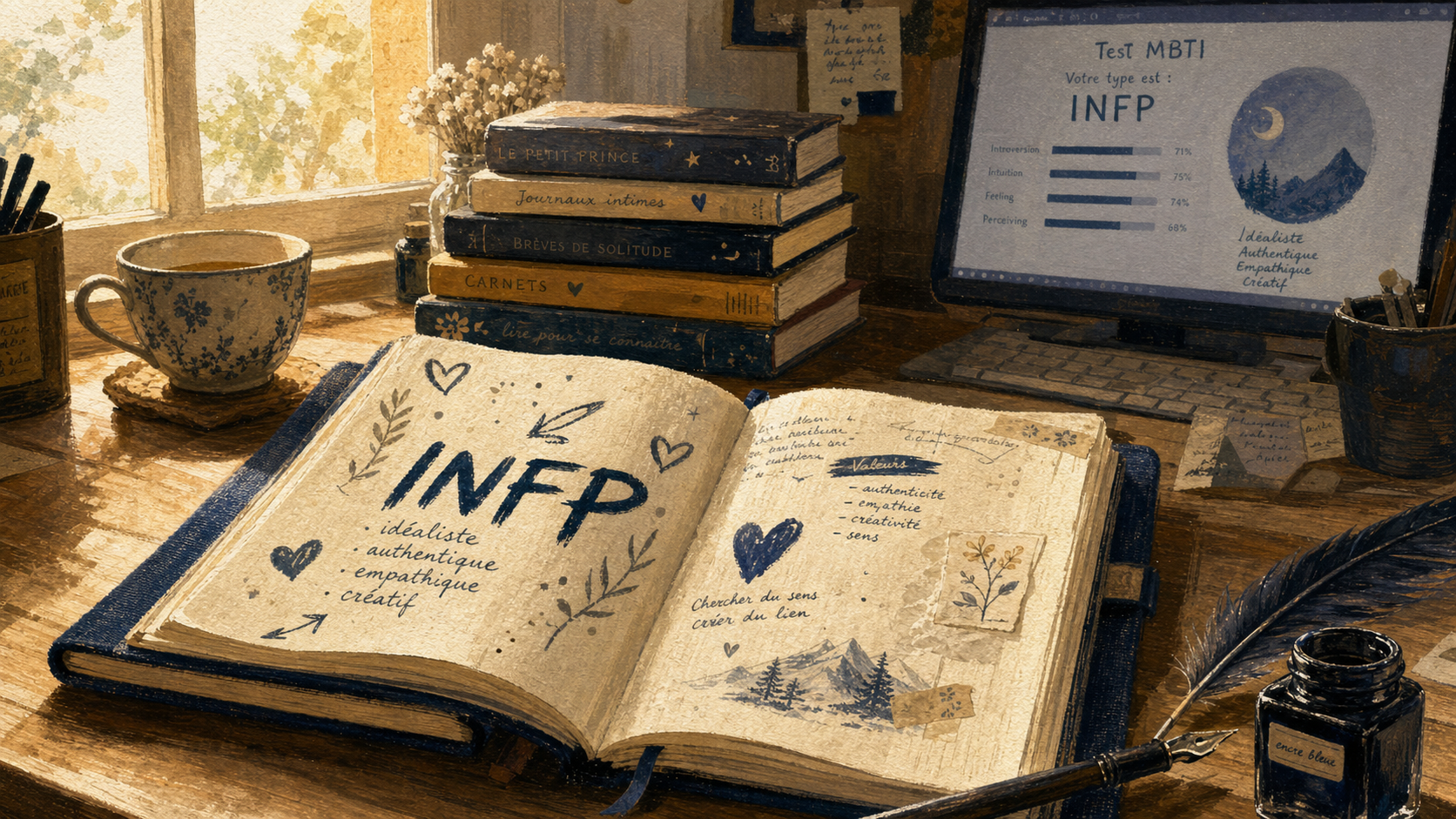 infp carnet et test MBTI, plume et encre