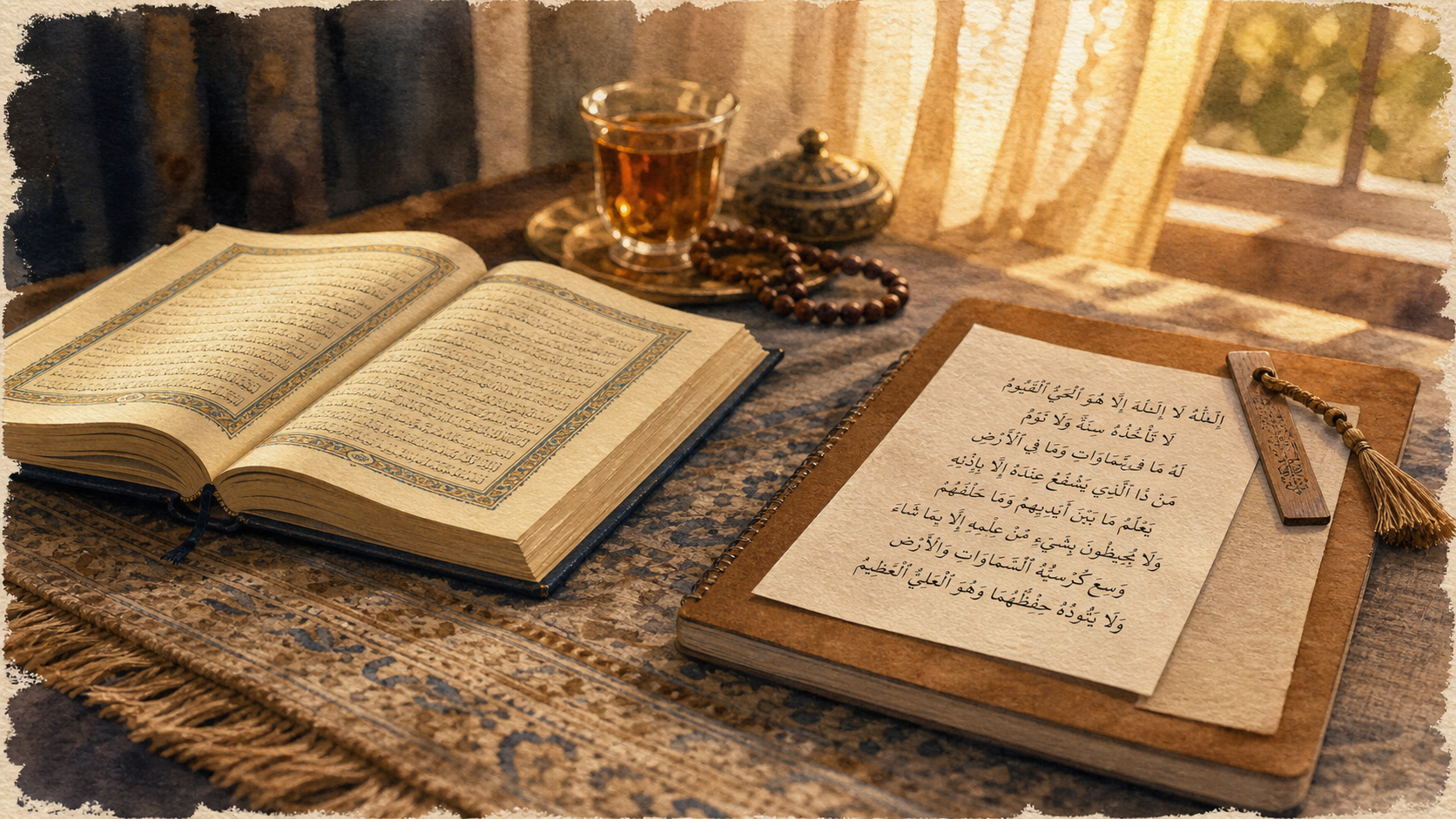 Invocation du matin : Ayat al-Kursi sur Coran ouvert, tapis de prière