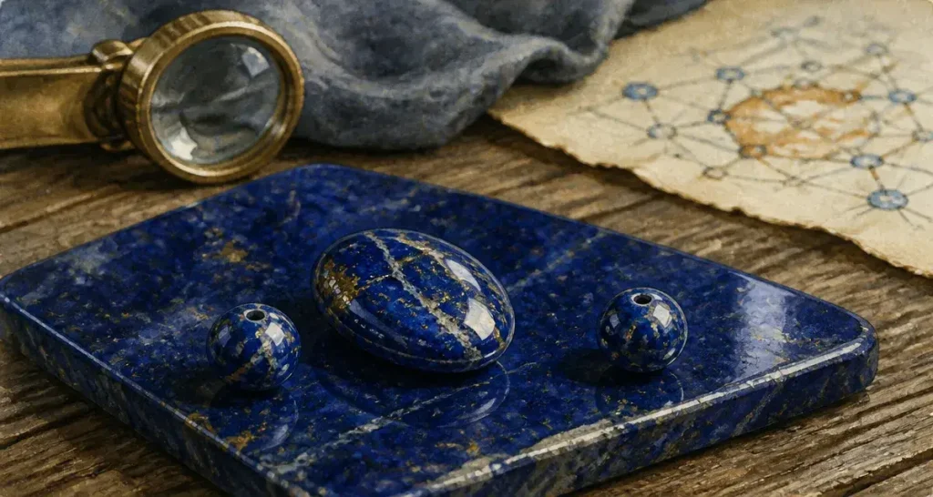 Lapis lazuli bleu royal avec pyrite dorée et calcite sur plaque polie