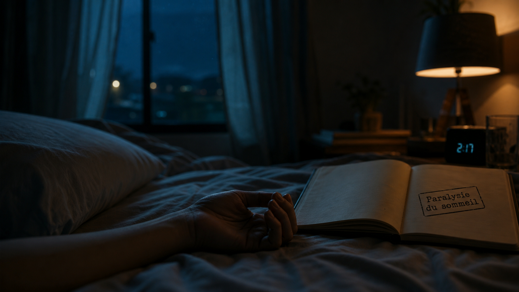 Paralysie du sommeil danger : chambre sombre, drap et oreiller, main immobile