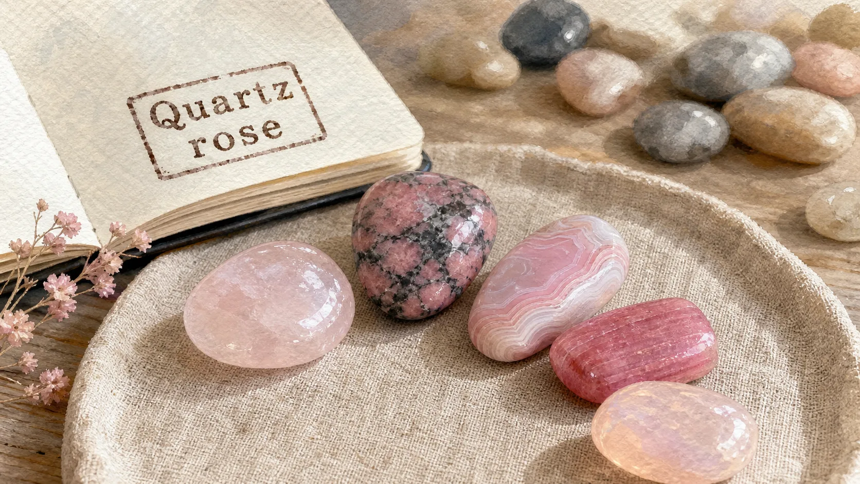 Pierre rose : quartz rose, rhodonite et tourmaline rose sur plateau beige