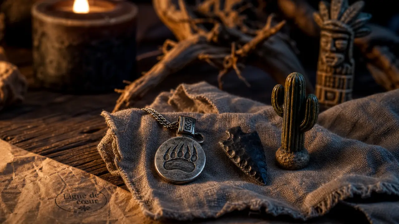 Protection symbole amérindien : griffe d’ours, flèche et cactus en argent