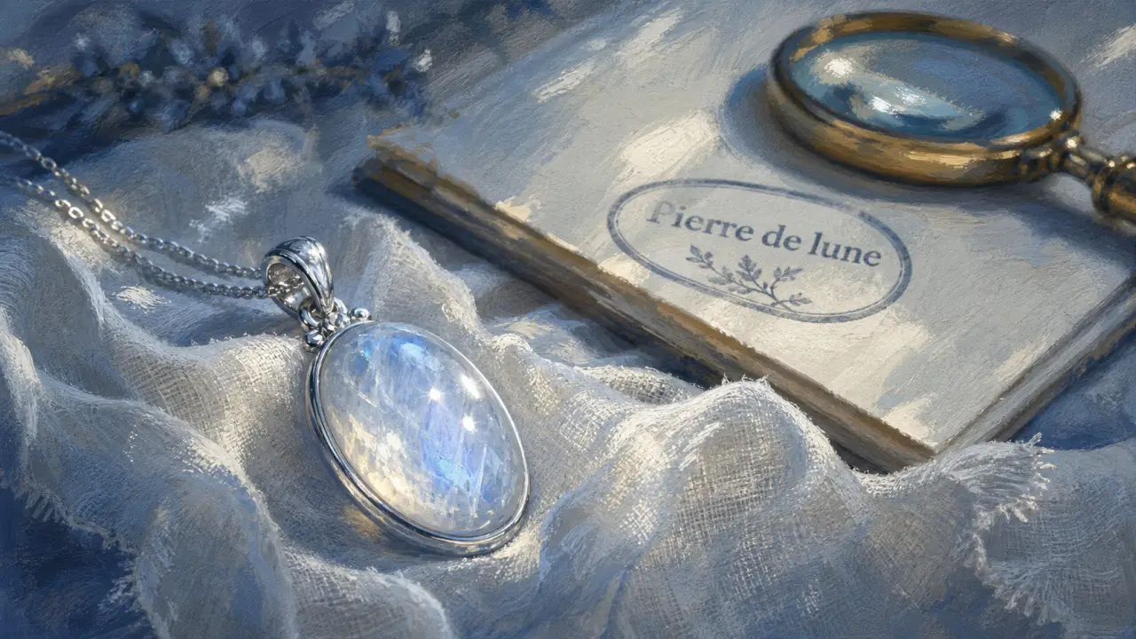 Signification pierre de lune : pendentif cabochon nacré, reflets laiteux.