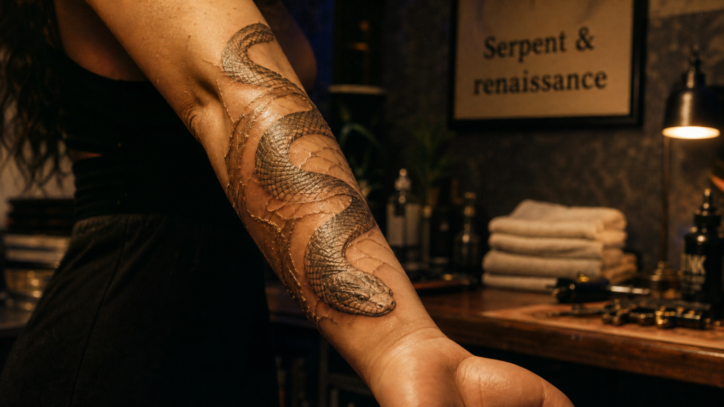 Signification tatouage serpent : renaissance et protection, tatouage réaliste sur avant-bras