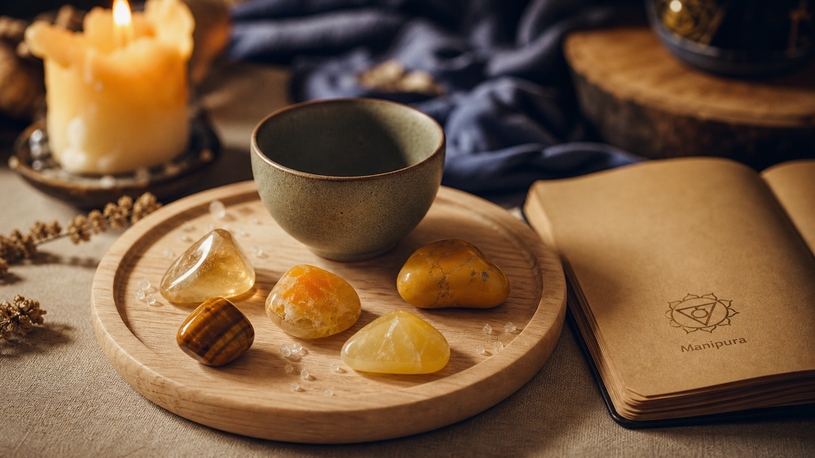 Solar plexus chakra stones : pierres jaunes polies sur plateau bois, pour confiance