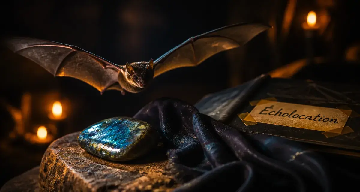 Chauve souris signification spirituelle en vol, ombre de grotte, labradorite