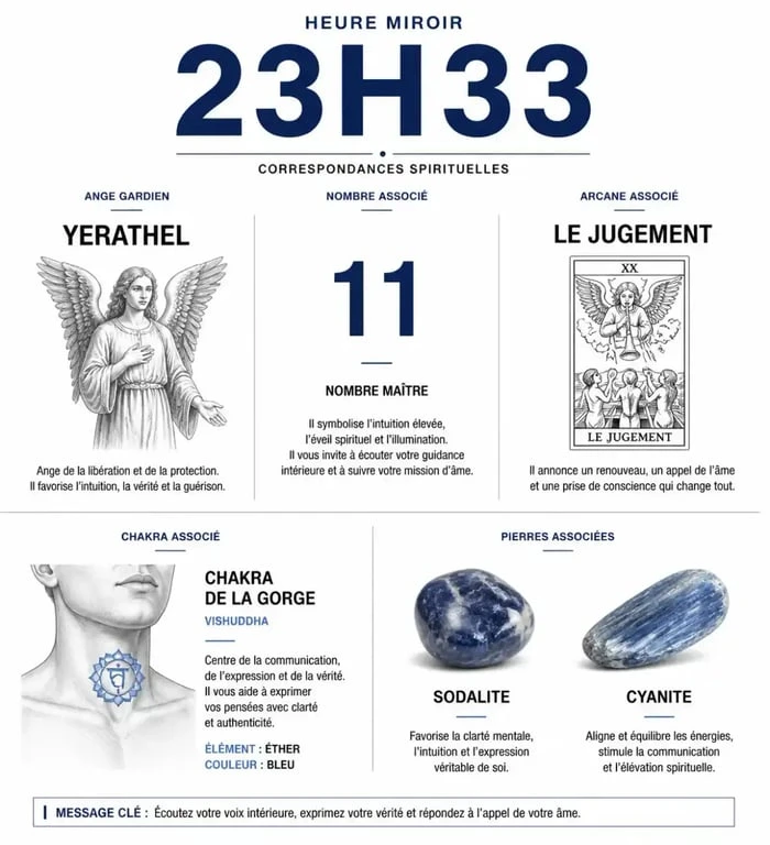 Infographie des correspondances spirituelles de l'heure miroir 23h33 : ange Yerathel, tarot, chakra et pierres.