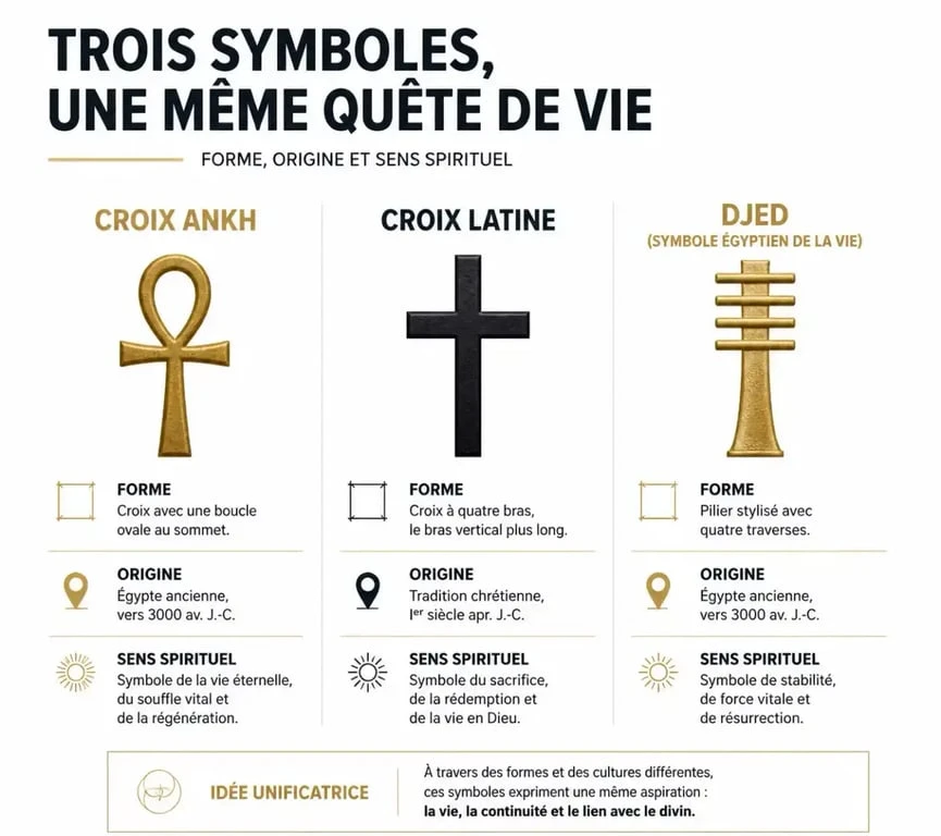 Comparaison croix ankh signification spirituelle, croix latine et symbole égyptien de la vie