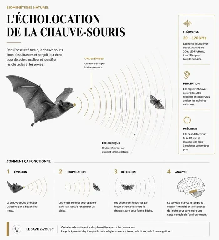 Infographie illustrant l'écholocation, concept clé de la signification spirituelle de la chauve-souris