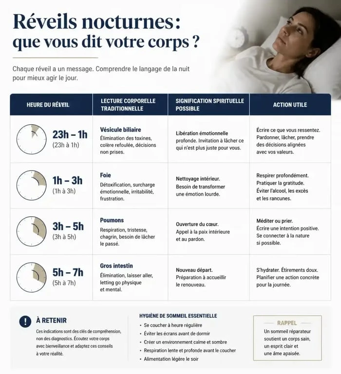 Se réveiller plusieurs fois dans la nuit signification spirituelle : synthèse visuelle des heures de réveil et de leurs interprétations