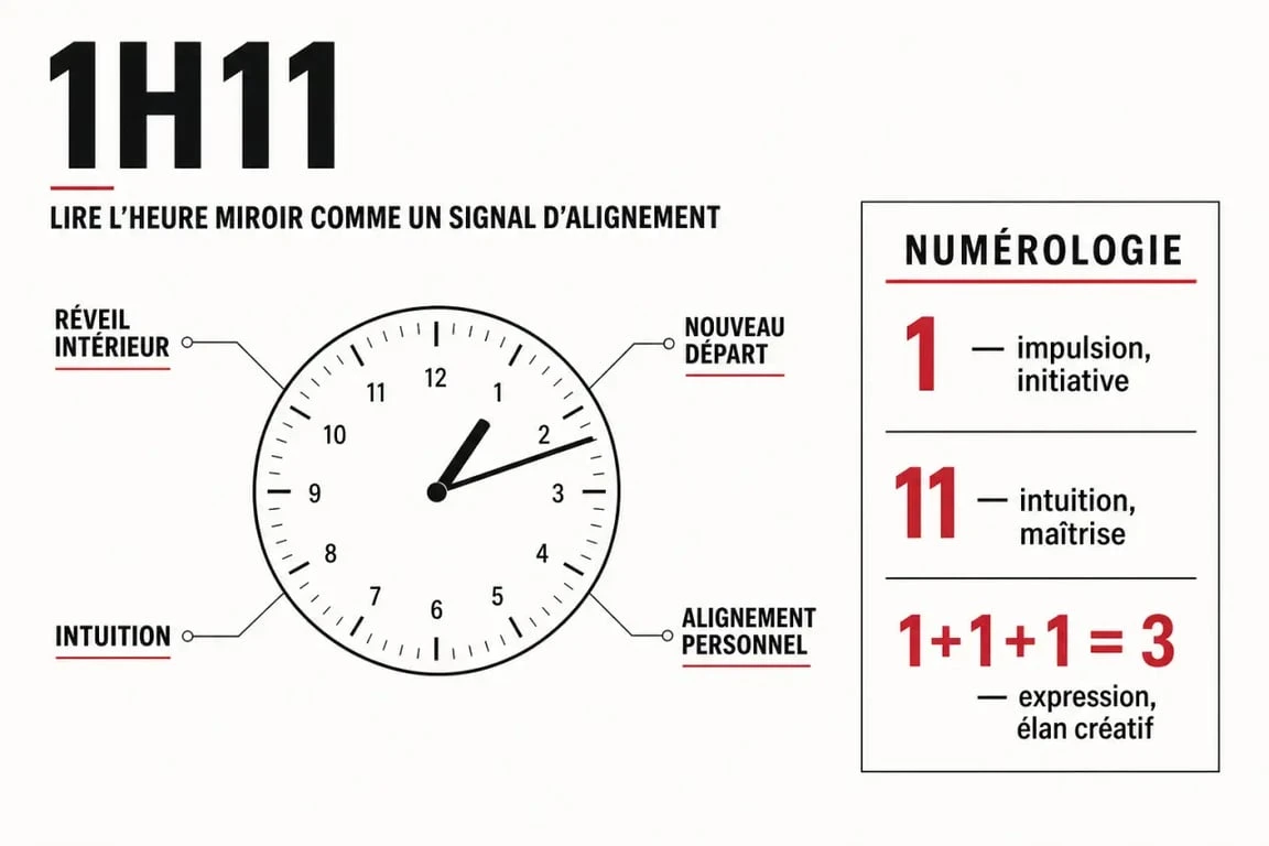 Signification 1h11 : illustration éditoriale sur l’heure miroir, l’intuition et la numérologie
