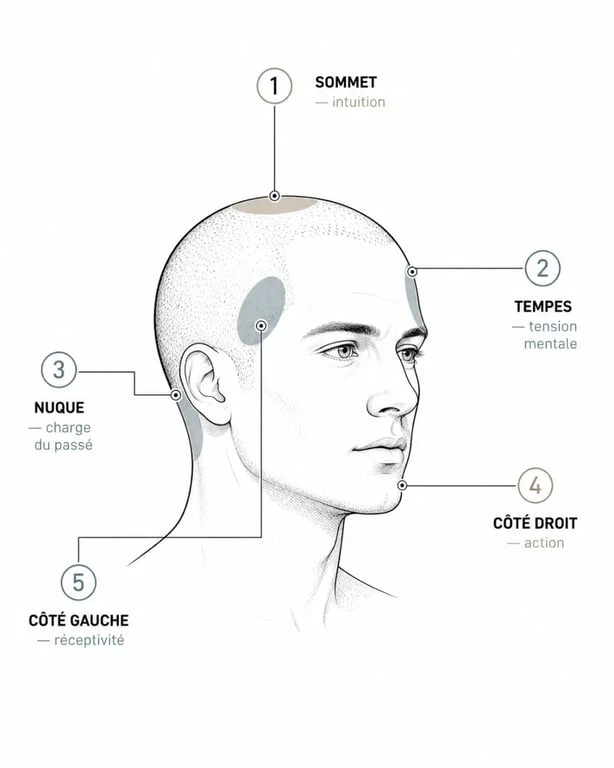 Schéma du cuir chevelu qui gratte signification spirituelle avec zones du crâne et lecture symbolique
