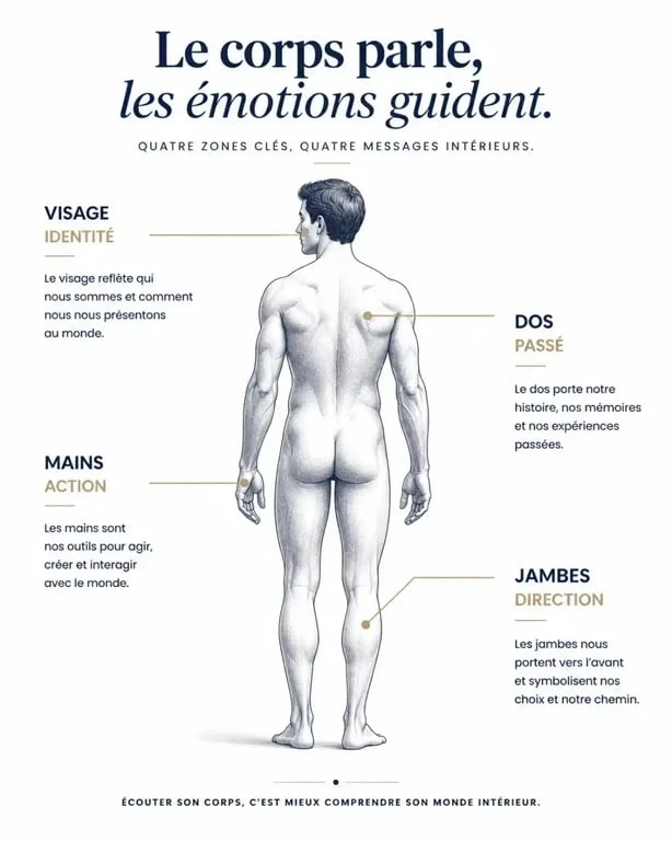 Infographie de la signification spirituelle des zones d'eczéma sur le corps humain