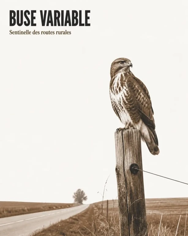 Buse signification spirituelle : buse variable perchée sur un poteau au bord d’une route, ambiance contemplative