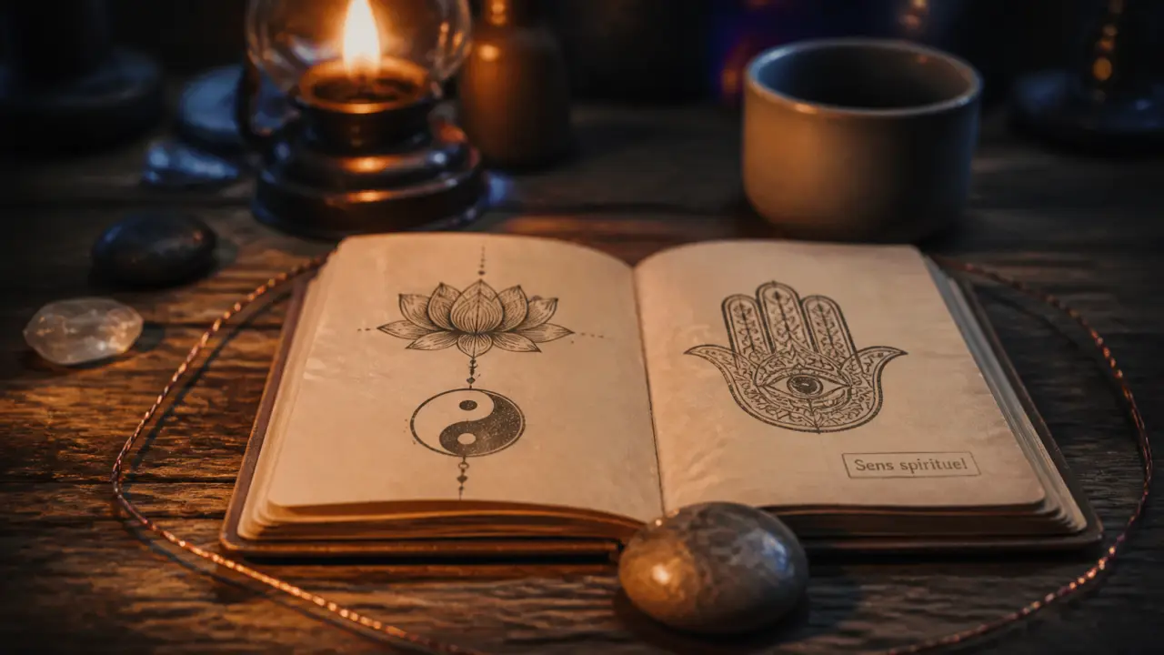 Signification spirituelle : symboles sur un carnet près d’une pierre