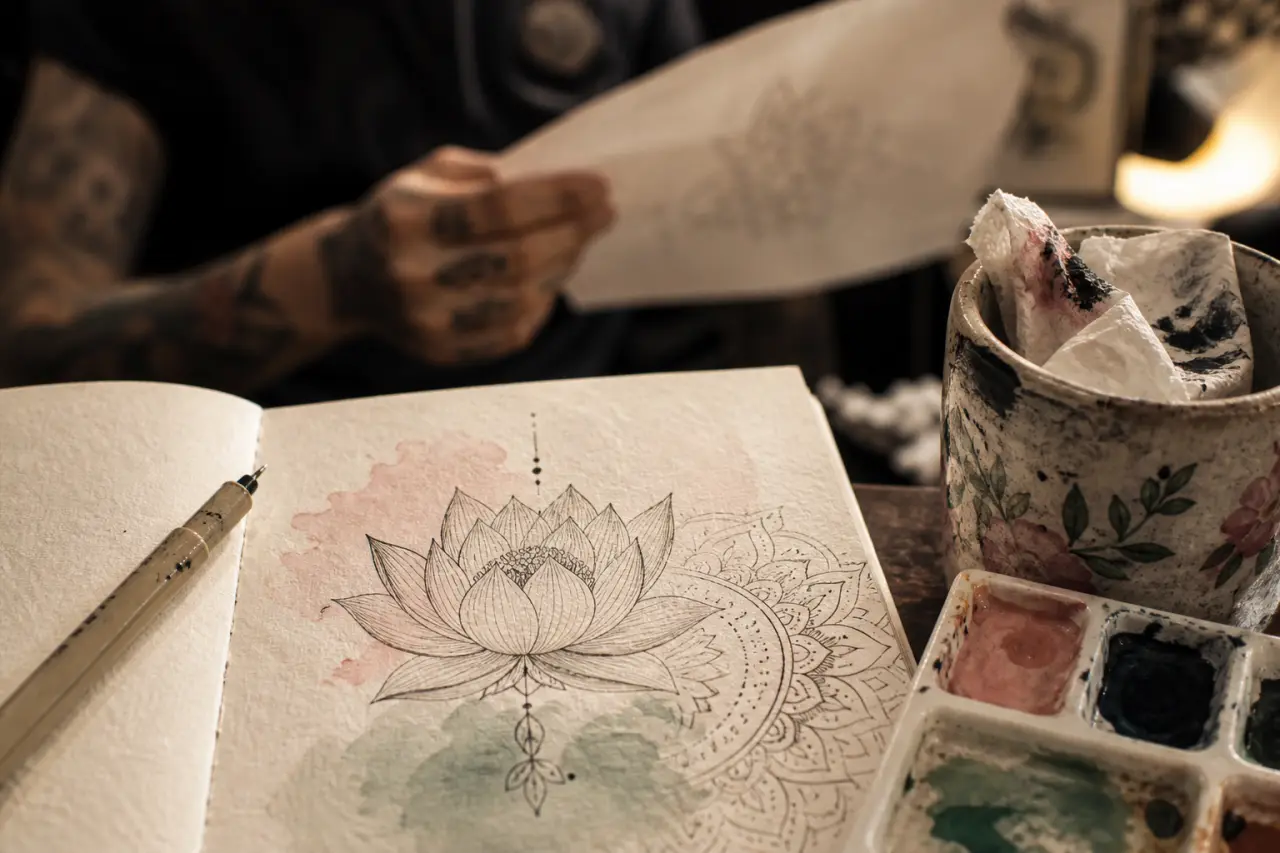 Tatouage fleur de lotus : dessin au trait fin sur carnet de croquis